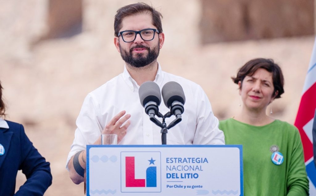 Chile's President Gabriel Boric delivers a speech in Antofagasta, Chile on April 21 at a podium that reads 'national lithium strategy' [Chilean presidency/Ximena Navarro/Handout via Reuters]