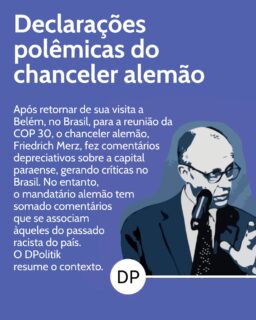 Por trás dos comentários depreciativos de Merz ao Brasil - Uma semana após visitar a capital do Pará, o chanceler alemão, Friedrich Merz, fez comentários depreciativos sobre a cidade, a fim de enaltecer seu próprio país. Os comentários, que chegaram ao público brasileiro nesta semana, causaram indignação e críticas por parte de políticos brasileiros. No entanto, não é a primeira vez que o chanceler conservador faz comentários que causam indignação. Nesta publicação informativa organizada por nosso editor-chefe, Caio Ponce de Leon, o DPolitik traz um resumo sobre o histórico de comentários "polêmicos" do chanceler alemão que trazem à tona ideias de um passado sombrio da Alemanha. Caso queira se aprofundar no tema, leia a coluna do nosso editor-chefe sobre o tema, "Não é gafe, é ideologia", já disponível no nosso portal.

O link para a coluna já está disponível gratuitamente na nossa bio.